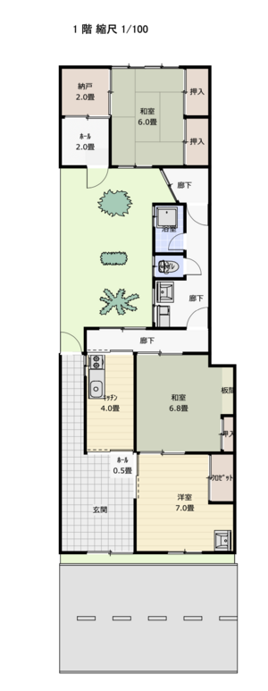 中庭のある小さな古民家。広い土間で何かできそう？？の間取り