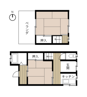 昭和な町並みのコンパクトな2階建て住居の間取り